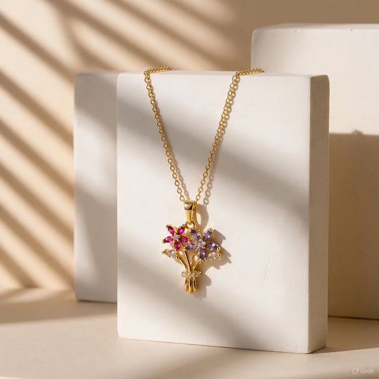 Floral Bouquet Pendant Necklace - 18K Gold Plated