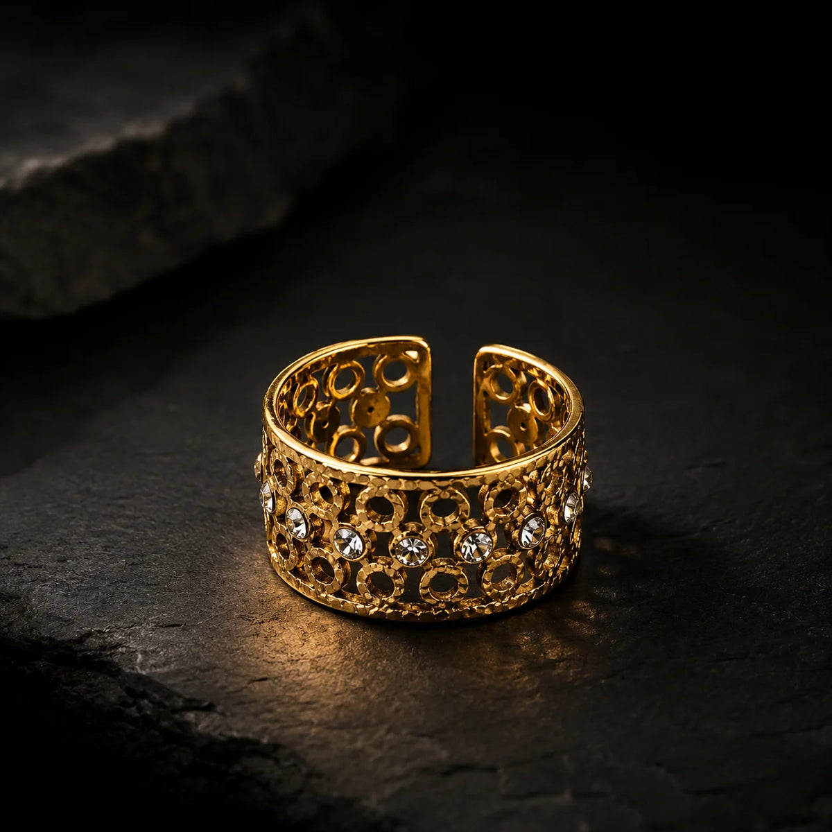 Filigree Crystal Band Ring - 18K Gold Plated