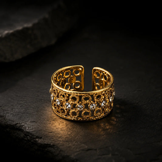Filigree Crystal Band Ring - 18K Gold Plated