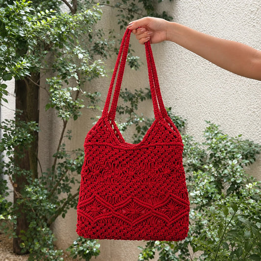 Red Macrame Tote Bag