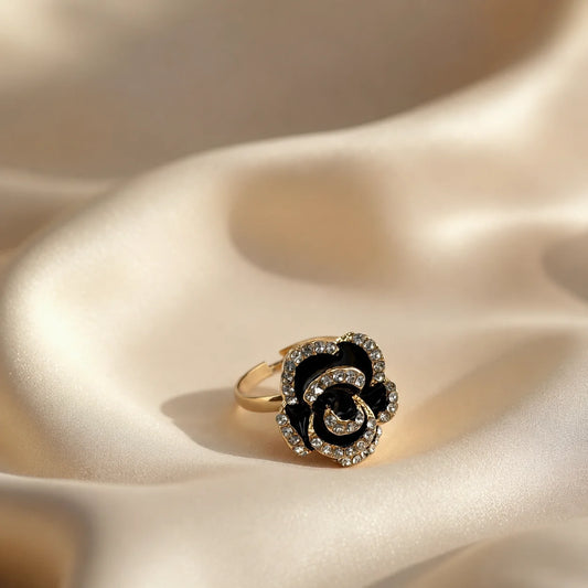 Black Enamel Crystal Rose Ring