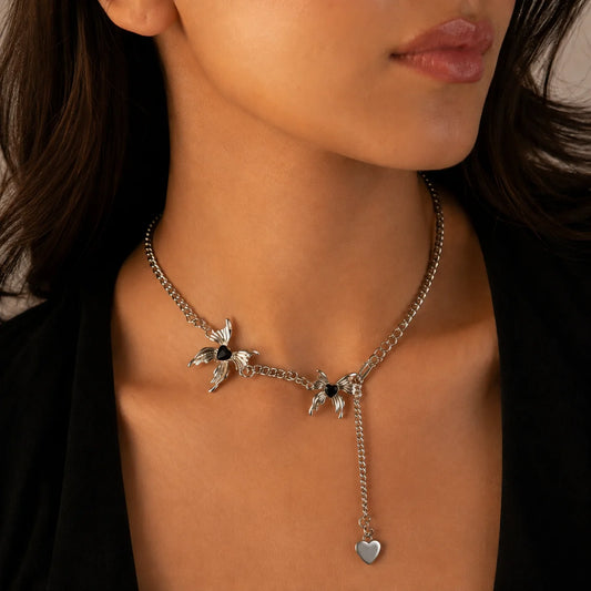 Gothic Angel Wing Y-Necklace with Black Hearts