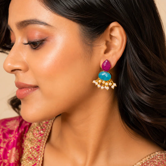 Golden Druzy Stone Dual Coloured Pearl Mogra Earrings