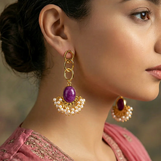 Golden Link Marble Stone Pearl Mogra Earrings