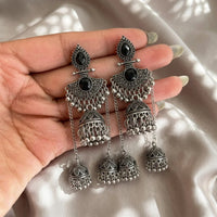 Oxidised Black Triple Jhumka Earrings