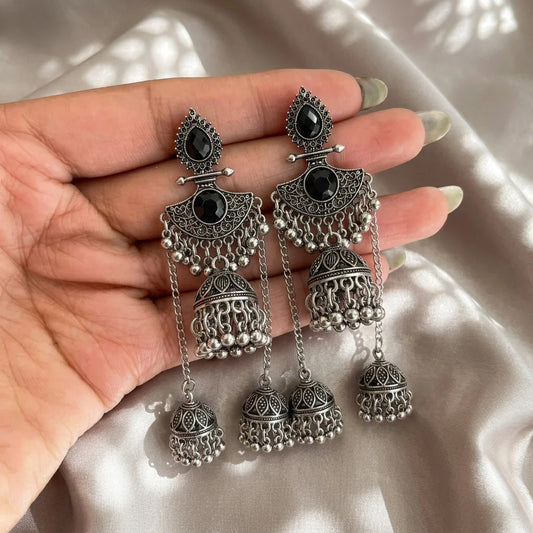 Oxidised Black Triple Jhumka Earrings