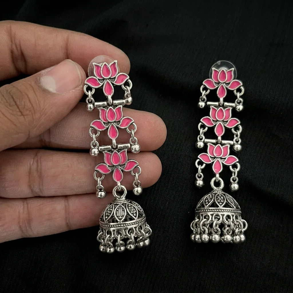 Silver Pink Lotus Jhumka Earrings