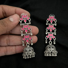 Silver Pink Lotus Jhumka Earrings