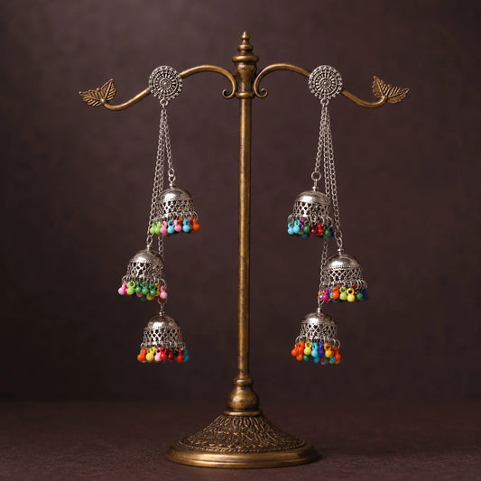 Silver Long Colourful Chain Tassel Jhumka Earrings