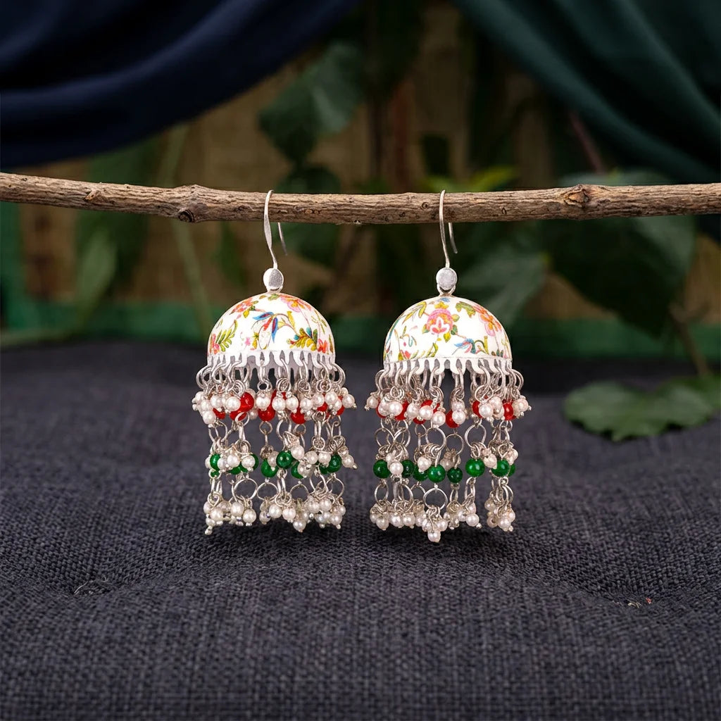 Floral Meenakari Beaded Pearl Jhumka