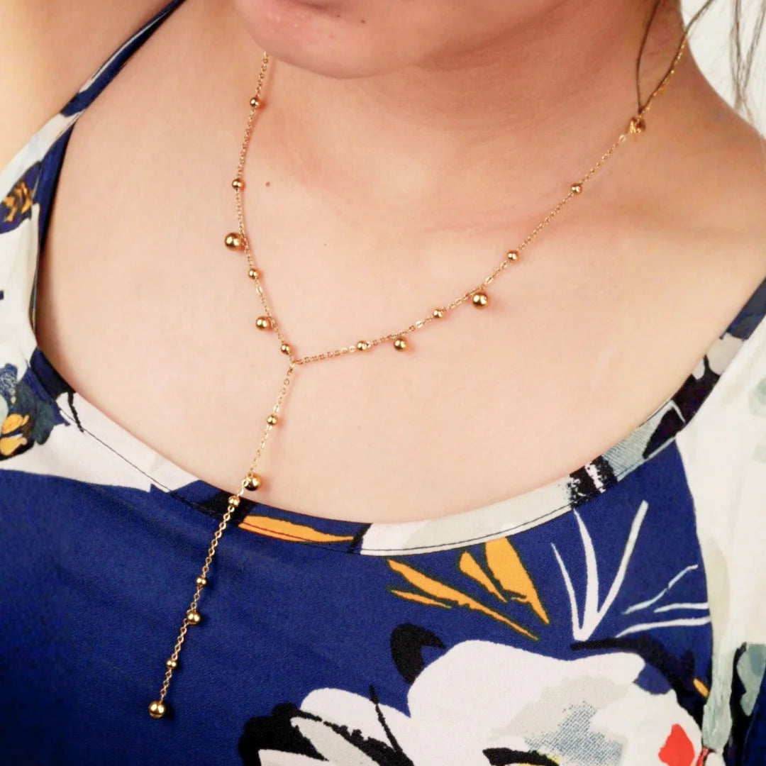 Golden Beaded Lariat Necklace - 18K Gold Plated