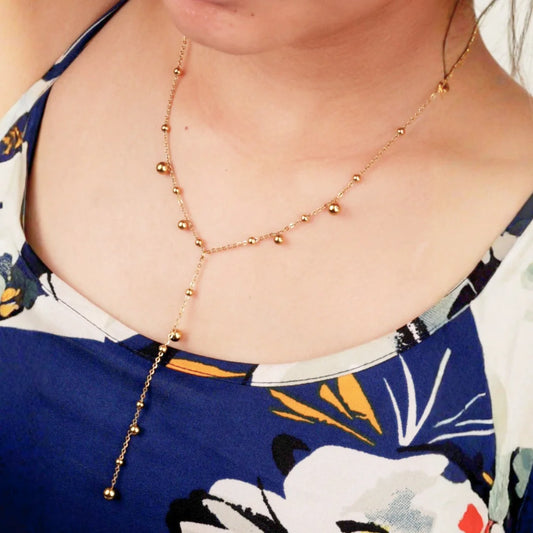 Golden Beaded Lariat Necklace - 18K Gold Plated