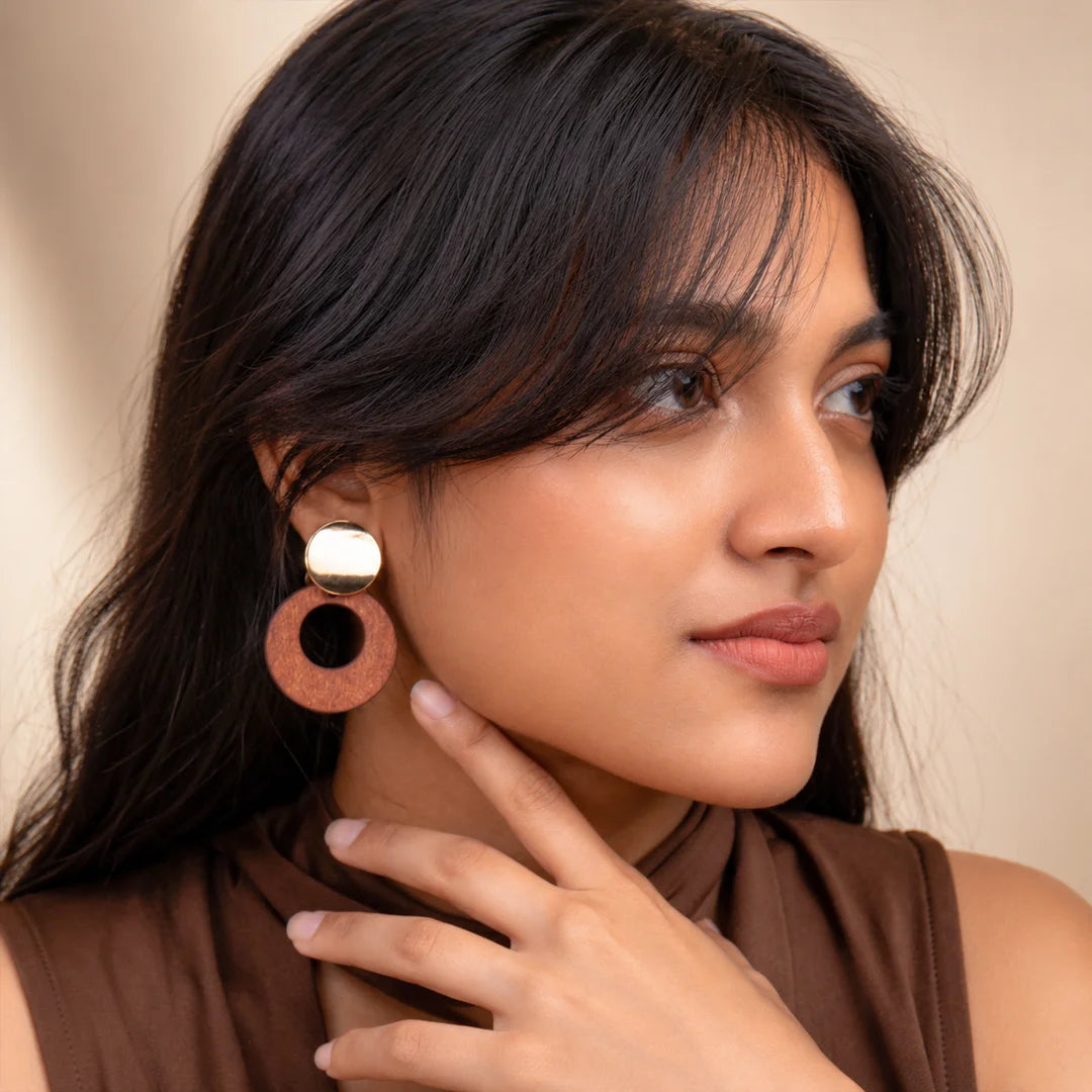 Golden Top Wooden Circular Drop Earrings