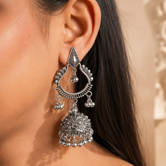 Intricate Oxidised Jhumka Drop Earrings