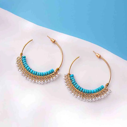 Beaded Blue Pearl Hoop Earrings