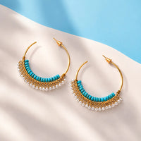 Beaded Blue Pearl Hoop Earrings