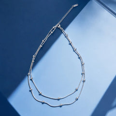 Layered Beaded Ball Chain Necklace - Rhodium Plated
