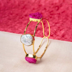 Golden Druzzy Stone And Pearl Bangle