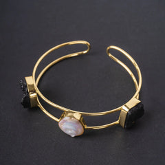 Golden Druzzy Stone And Pearl Bangle