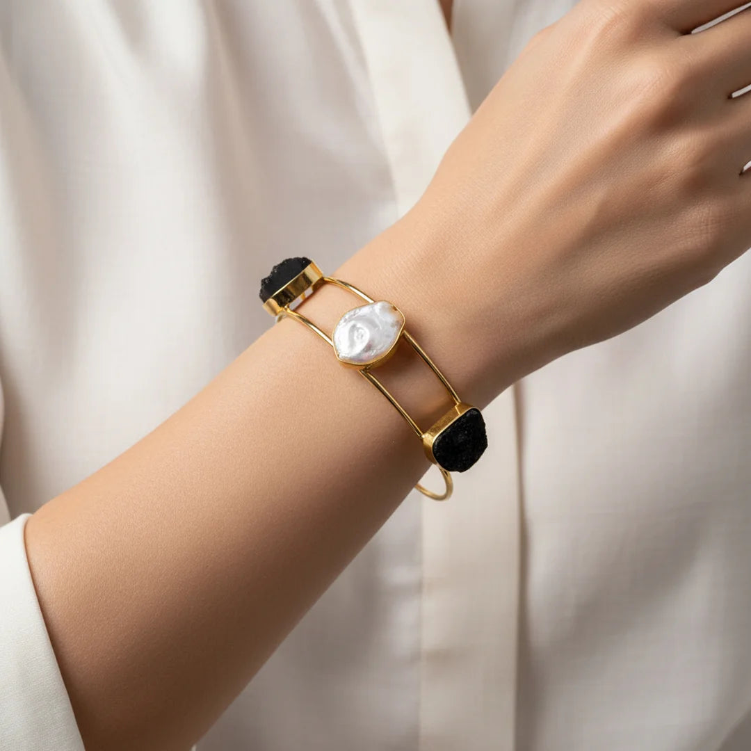 Golden Druzzy Stone And Pearl Bangle