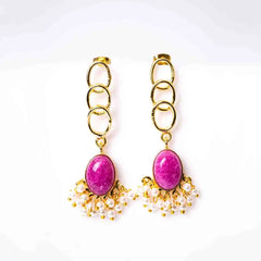 Golden Link Marble Stone Pearl Mogra Earrings