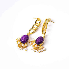 Golden Link Marble Stone Pearl Mogra Earrings