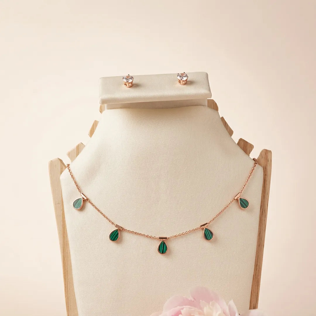 Teardrop Chain Necklace and Crystal Stud Earrings Set