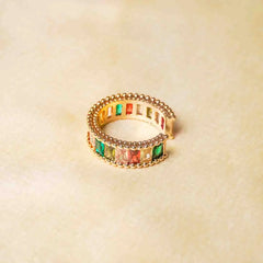 Golden Rectangular Multicolour Gem Ring