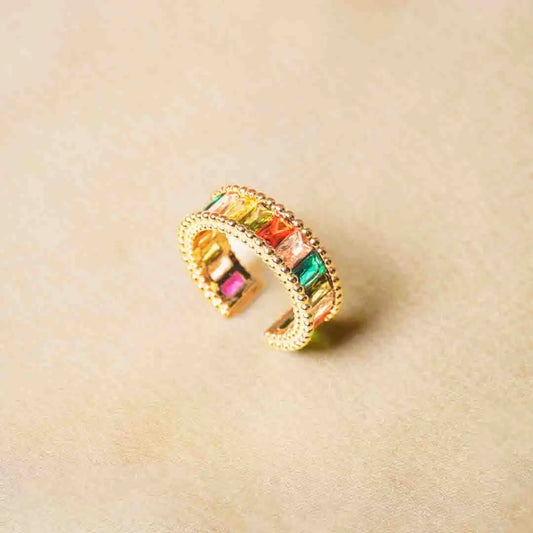 Golden Rectangular Multicolour Gem Ring