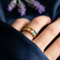 Golden Rectangular Multicolour Gem Ring
