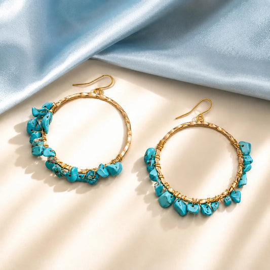 Beaded Turquiose Stone Textured Hoop Earings