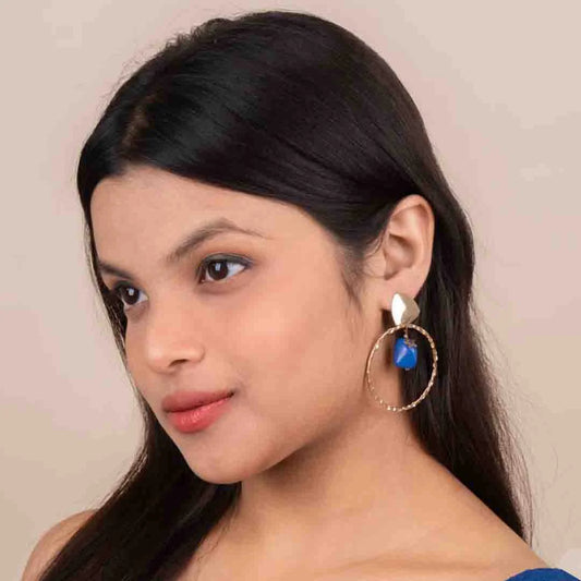 Blue Stone Hammered Halo Drop Earrings