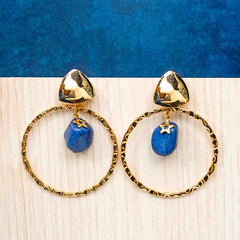 Blue Stone Hammered Halo Drop Earrings