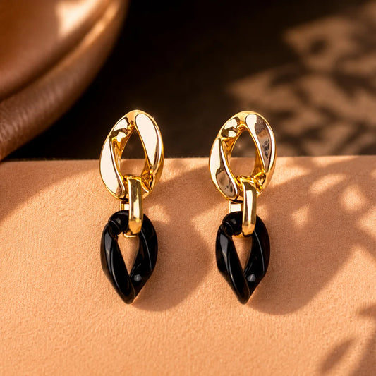 Link Chain Golden Black Drop Earrings