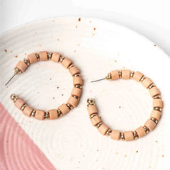 Circular Beaded Golden Disc Peach Hoop Earrings