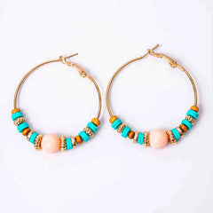 Turquoise and Peach Circular Beaded Hoop Earrings