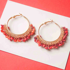Beaded Red Stone Hoop Earrings