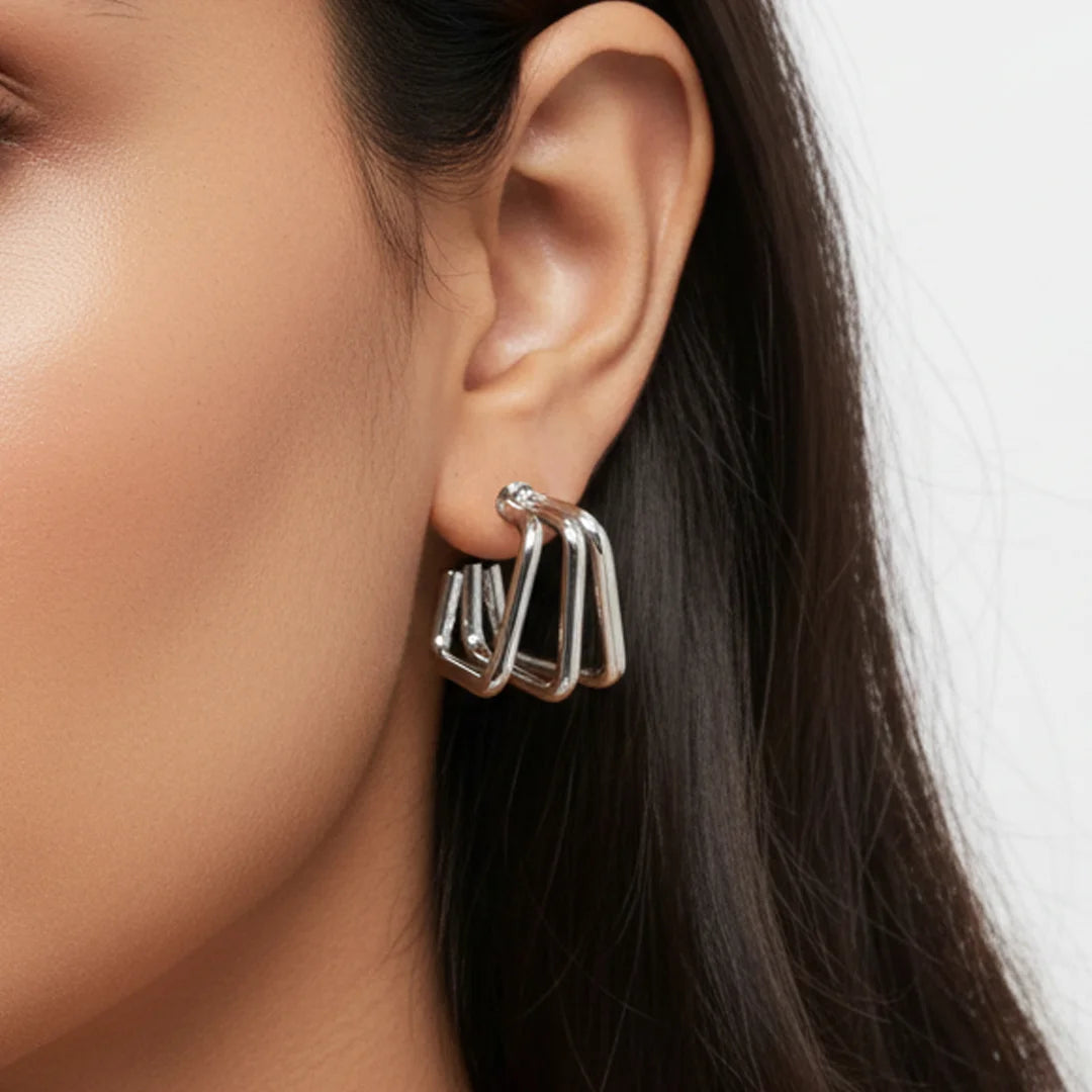 Silver Toned Geometric Hoop Earrings