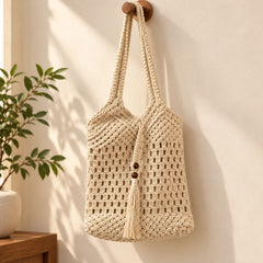 White Macrame Tote Bag
