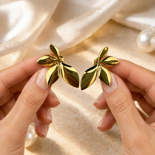 Sculptural Leaf Petal Stud Earrings - 18K Gold Plated