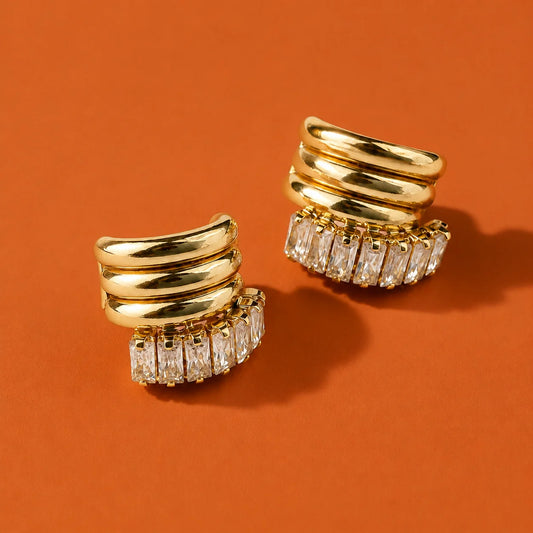 Baguette Half Hoop Stud Earrings - 18K Gold Plated