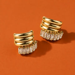 Baguette Half Hoop Stud Earrings - 18K Gold Plated