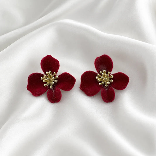 Maroon Velvet Flower Stud Earrings