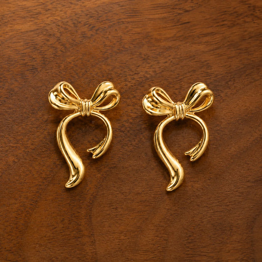 Bow Ribbon Statement Stud Earrings - 18K Gold Plated