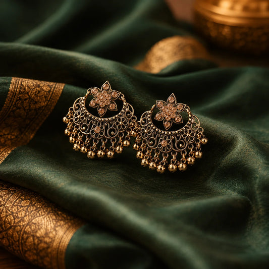 Antique Gold Floral Chandbali with Ghungroo