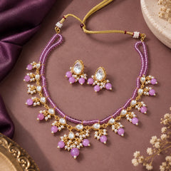 Lilac Beaded Kundan Necklace Set