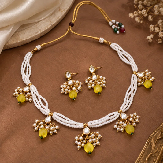 Yellow Beaded Kundan Necklace Set