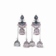 Oxidised Black Triple Jhumka Earrings