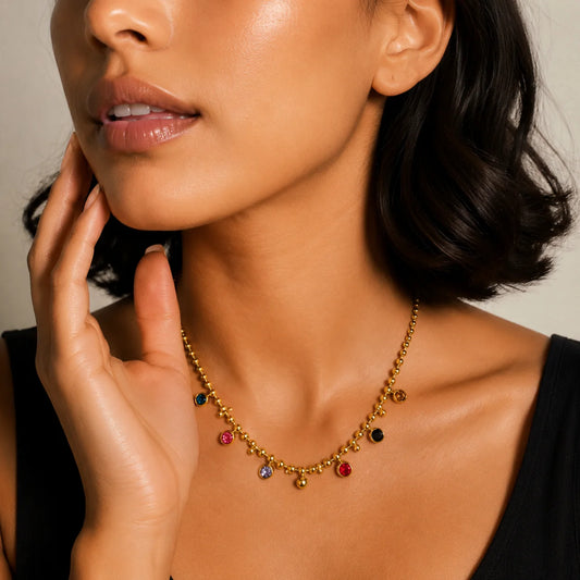 Multi Gem Stone Beaded  Necklace - 18K Gold Plated