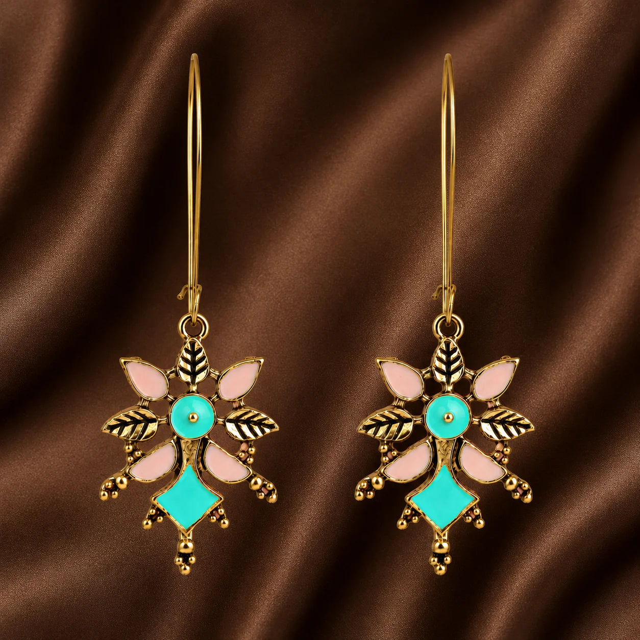 Gold tone floral earrings with turquoise blue and pink meenakari work, boho Indian jewellery

